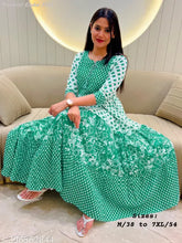 Pure cotton full-flared long kurti, available in plus sizes. Three-quarter sleeves, printed combo, India-made mirror worked gown with lining